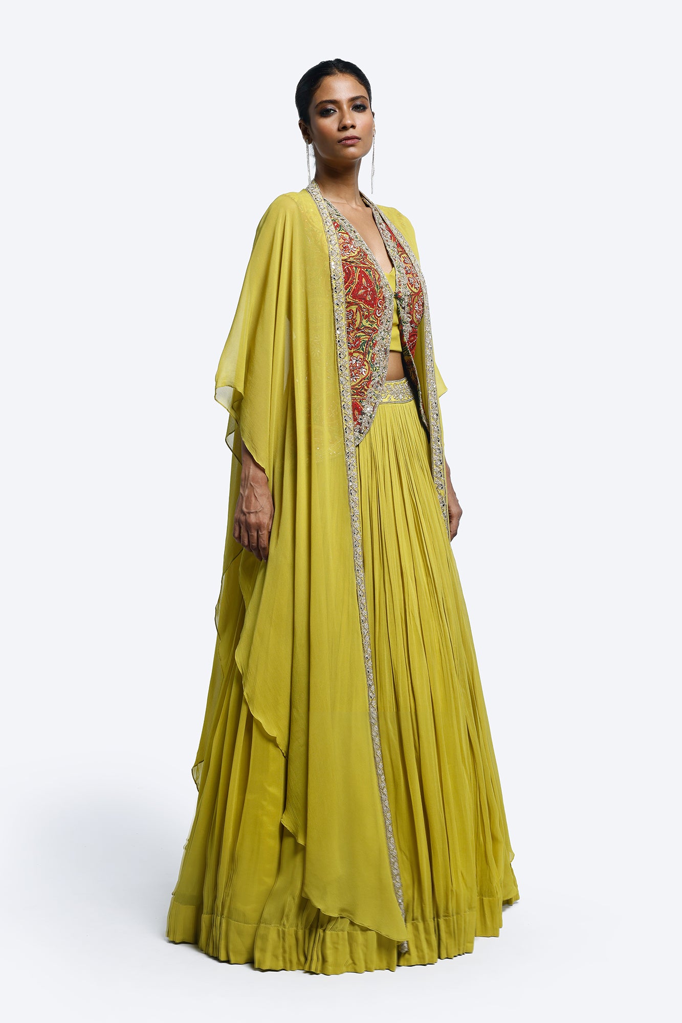 Shop stunning lime green embellished jacket lehenga online in USA. Shop the best and latest designs in embroidered sarees, designer sarees, Anarkali suit, lehengas, sharara suits for weddings and special occasions from Pure Elegance Indian fashion store in USA.-side