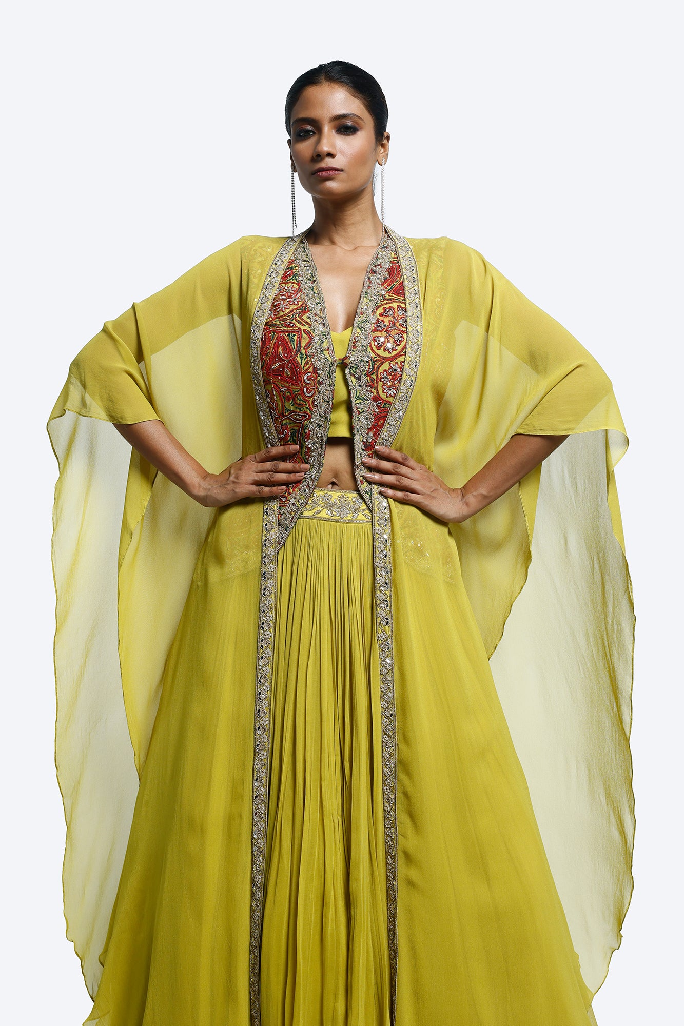 Shop stunning lime green embellished jacket lehenga online in USA. Shop the best and latest designs in embroidered sarees, designer sarees, Anarkali suit, lehengas, sharara suits for weddings and special occasions from Pure Elegance Indian fashion store in USA.-closeup