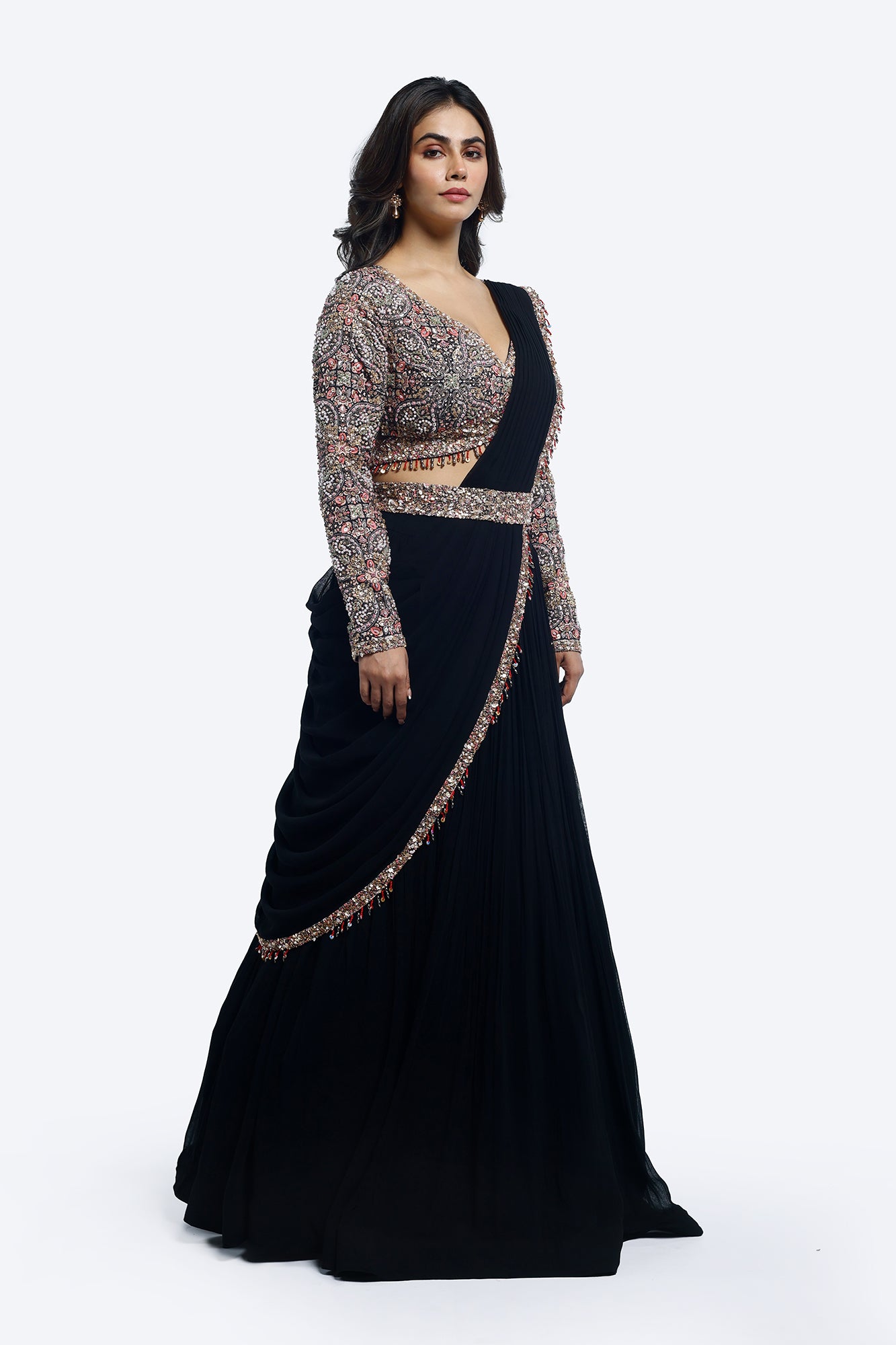 Buy black georgette embroidered lehenga online in USA with attached dupatta. Shop the best and latest designs in embroidered sarees, designer sarees, Anarkali suit, lehengas, sharara suits for weddings and special occasions from Pure Elegance Indian fashion store in USA.-side