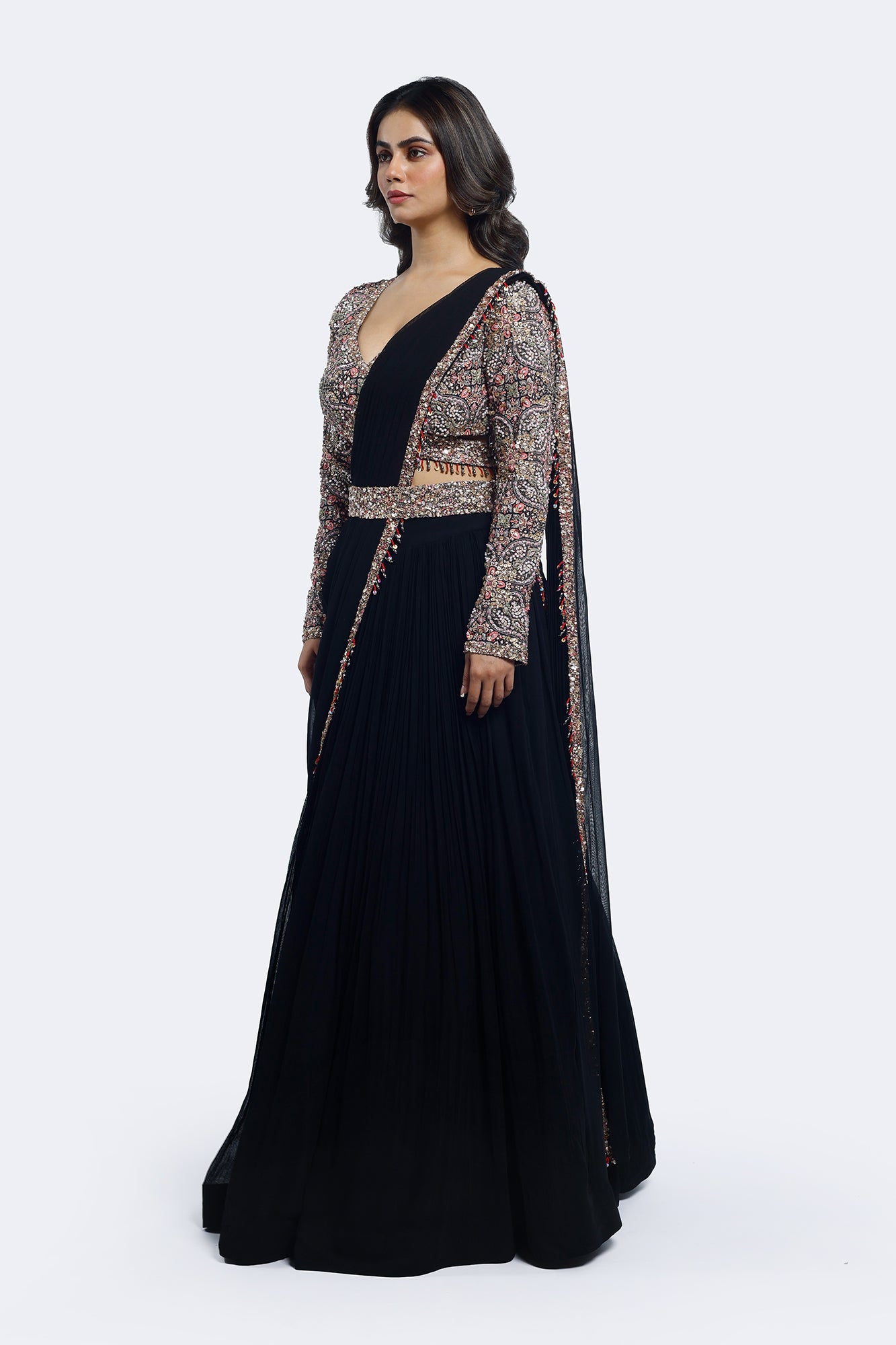 Buy black georgette embroidered lehenga online in USA with attached dupatta. Shop the best and latest designs in embroidered sarees, designer sarees, Anarkali suit, lehengas, sharara suits for weddings and special occasions from Pure Elegance Indian fashion store in USA.-lehenga