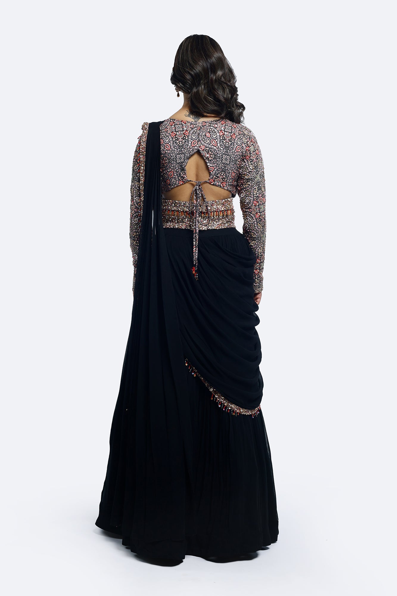 Buy black georgette embroidered lehenga online in USA with attached dupatta. Shop the best and latest designs in embroidered sarees, designer sarees, Anarkali suit, lehengas, sharara suits for weddings and special occasions from Pure Elegance Indian fashion store in USA.-back