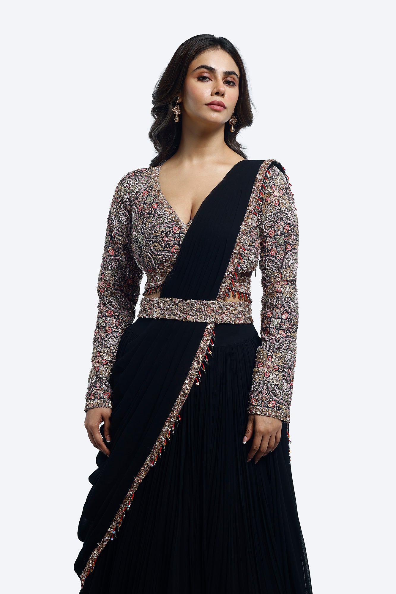 Buy black georgette embroidered lehenga online in USA with attached dupatta. Shop the best and latest designs in embroidered sarees, designer sarees, Anarkali suit, lehengas, sharara suits for weddings and special occasions from Pure Elegance Indian fashion store in USA.-closeup