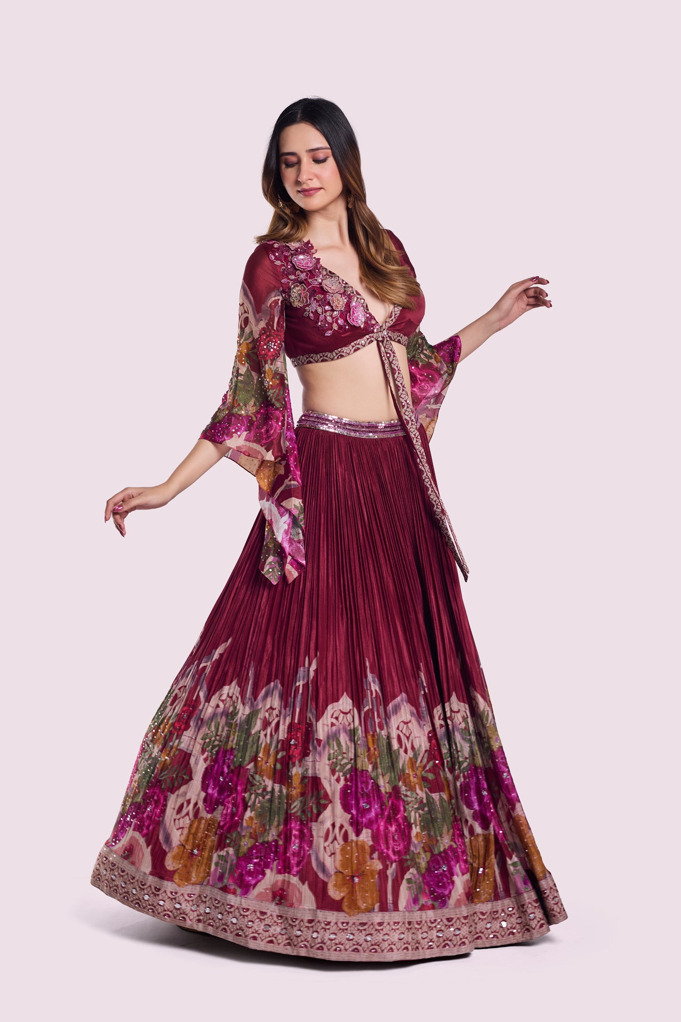 Buy stunning maroon floral bell sleeves skirt set online in USA. Shop the best and latest designs in embroidered sarees, designer sarees, Anarkali suit, lehengas, sharara suits for weddings and special occasions from Pure Elegance Indian fashion store in USA.-side