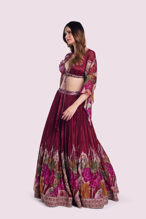 Buy stunning maroon floral bell sleeves skirt set online in USA. Shop the best and latest designs in embroidered sarees, designer sarees, Anarkali suit, lehengas, sharara suits for weddings and special occasions from Pure Elegance Indian fashion store in USA.-lehenga