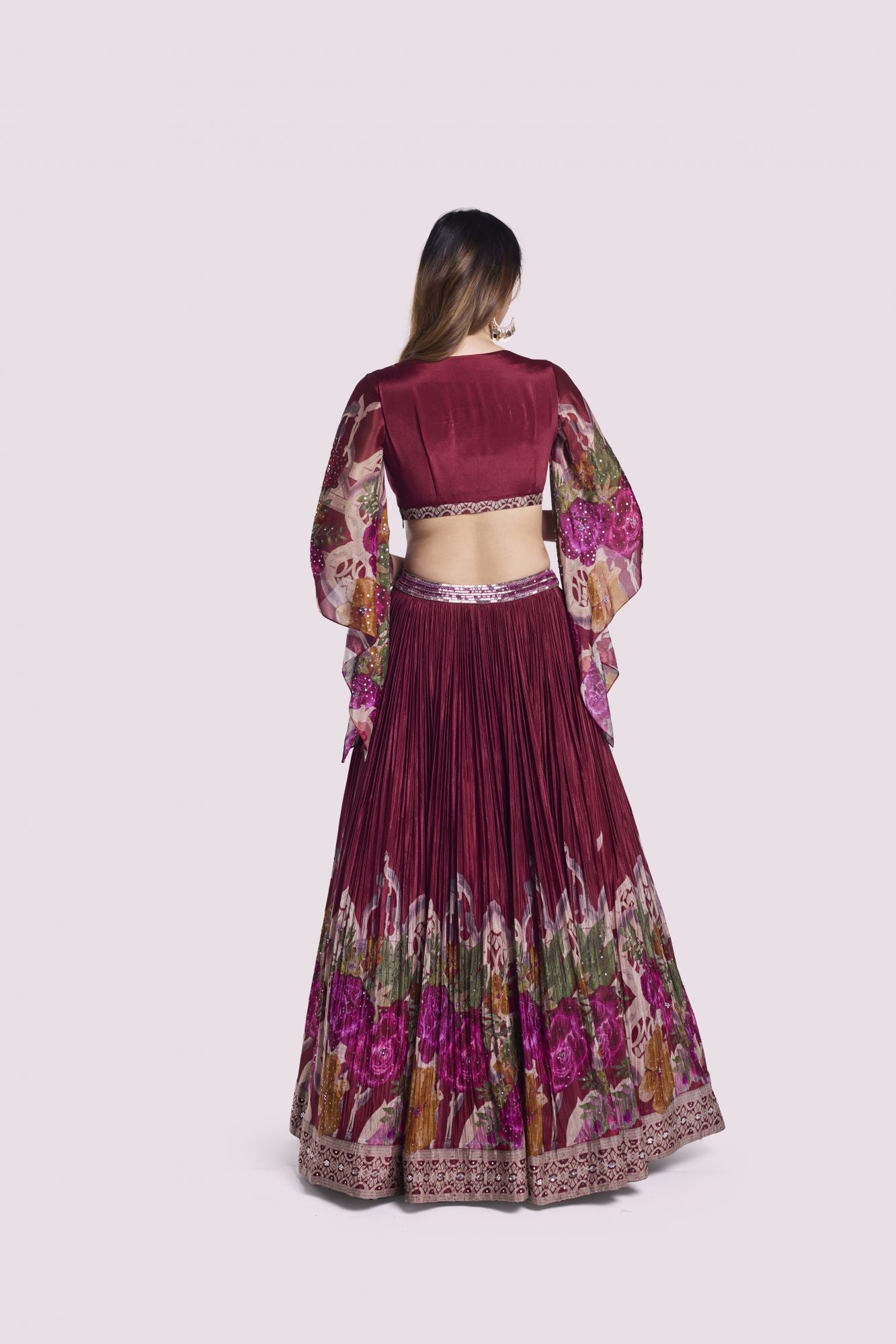 Buy stunning maroon floral bell sleeves skirt set online in USA. Shop the best and latest designs in embroidered sarees, designer sarees, Anarkali suit, lehengas, sharara suits for weddings and special occasions from Pure Elegance Indian fashion store in USA.-back