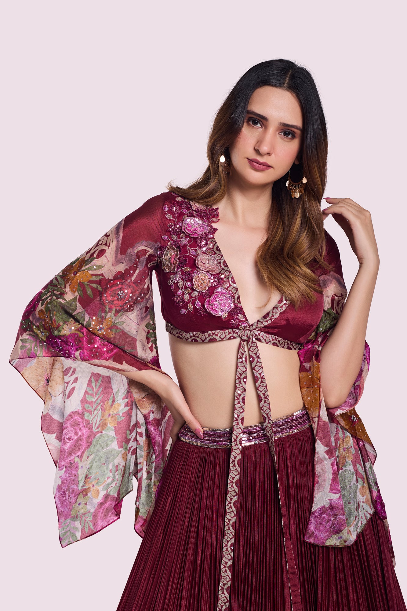 Buy stunning maroon floral bell sleeves skirt set online in USA. Shop the best and latest designs in embroidered sarees, designer sarees, Anarkali suit, lehengas, sharara suits for weddings and special occasions from Pure Elegance Indian fashion store in USA.-closeup