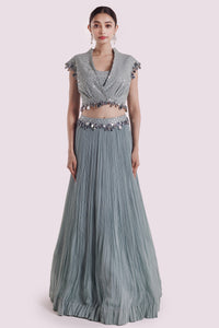 Shop stunning dusky blue mirror work skirt set online in USA. Shop the best and latest designs in embroidered sarees, designer sarees, Anarkali suit, lehengas, sharara suits for weddings and special occasions from Pure Elegance Indian fashion store in USA.-full view