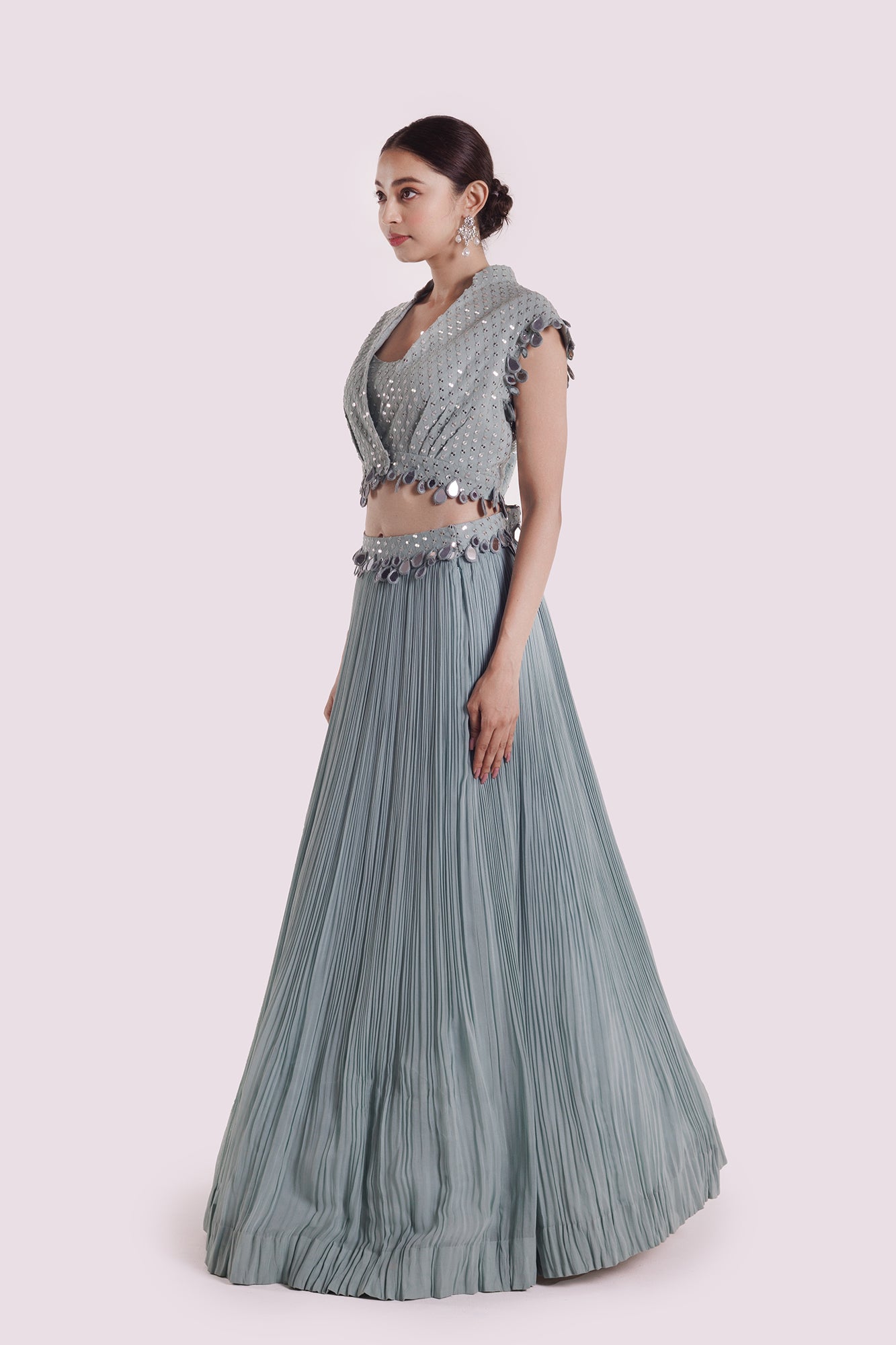 Shop stunning dusky blue mirror work skirt set online in USA. Shop the best and latest designs in embroidered sarees, designer sarees, Anarkali suit, lehengas, sharara suits for weddings and special occasions from Pure Elegance Indian fashion store in USA.-lehenga