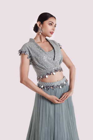 Shop stunning dusky blue mirror work skirt set online in USA. Shop the best and latest designs in embroidered sarees, designer sarees, Anarkali suit, lehengas, sharara suits for weddings and special occasions from Pure Elegance Indian fashion store in USA.-closeup