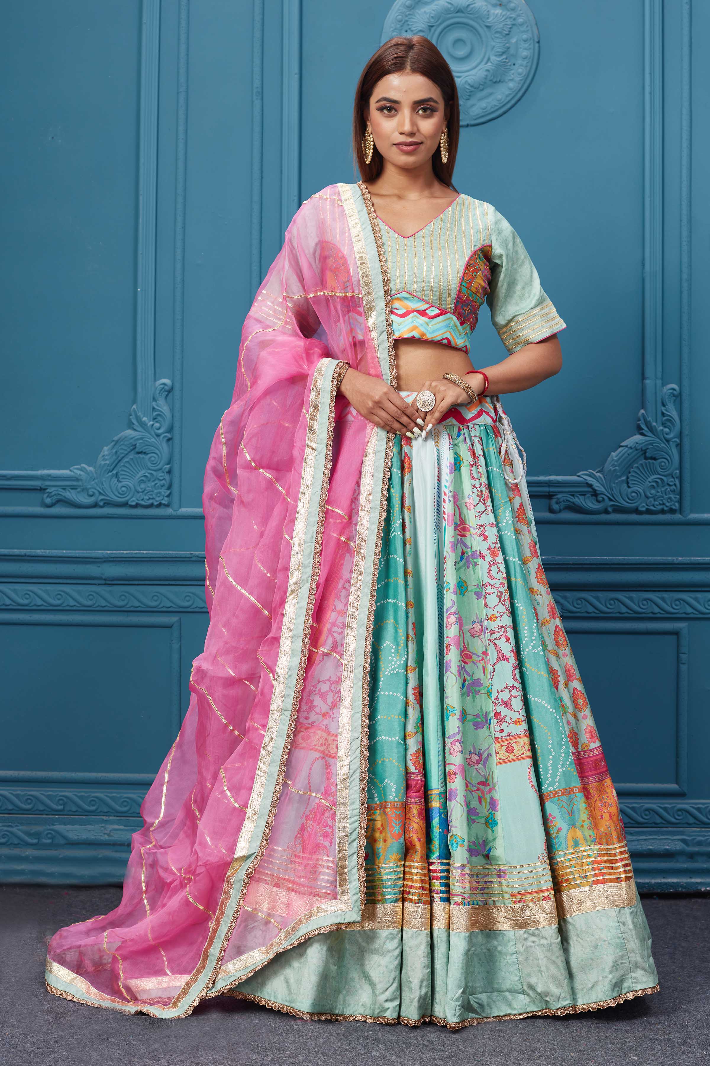 Buy Blue Tissue Silk Embroidery V Neck Lehenga Set For Women by Rajiramniq  Online at Aza Fashions.