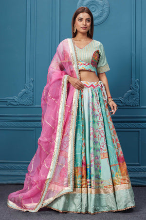 Dust Pink & Turquoise Blue Pink & Turquoise Blue Lehenga by Alka Bharti for  rent online | FLYROBE