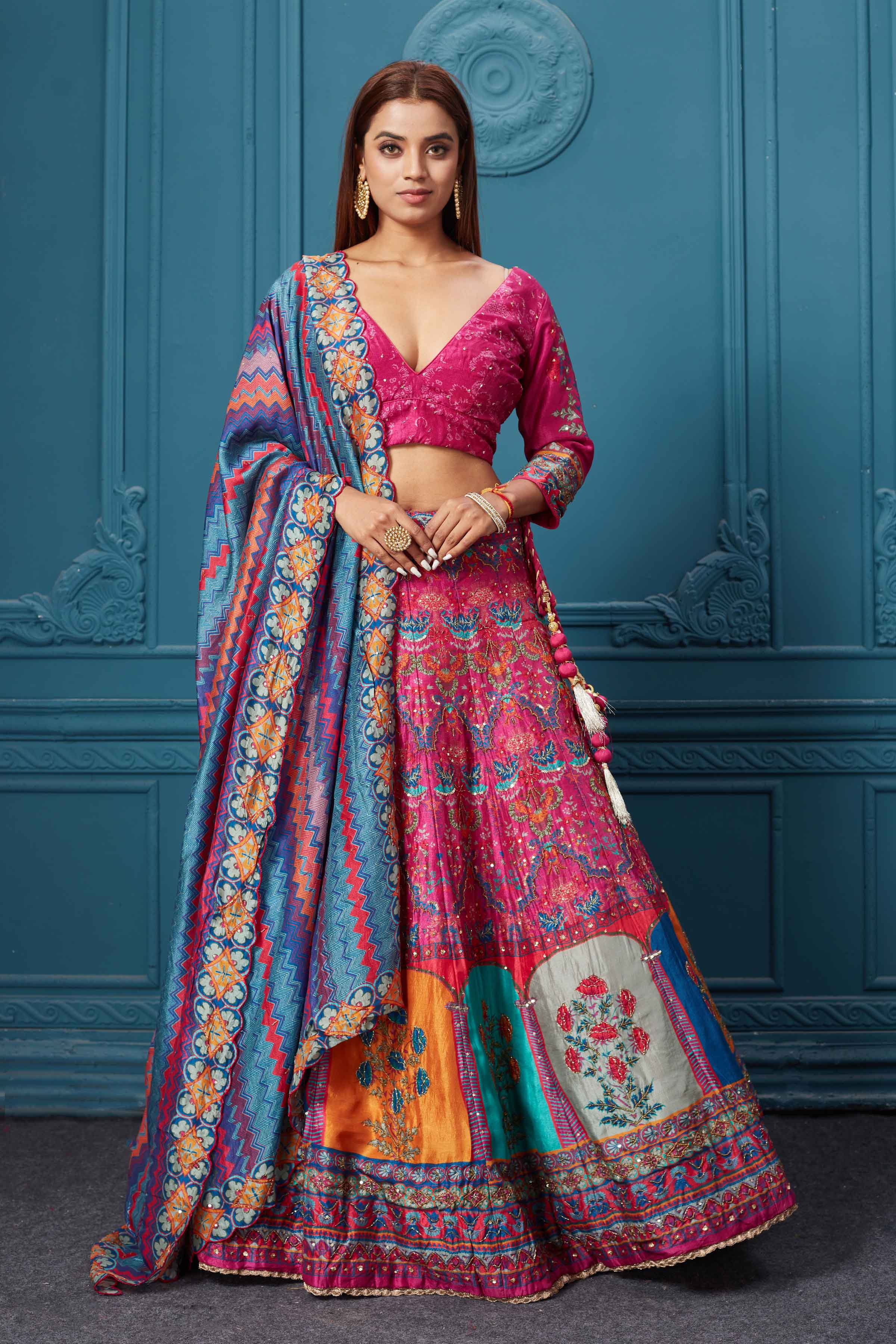 SHUBHKALA Yellow & Pink Silk Embroidered Lehenga and Choli Set With Dupatta