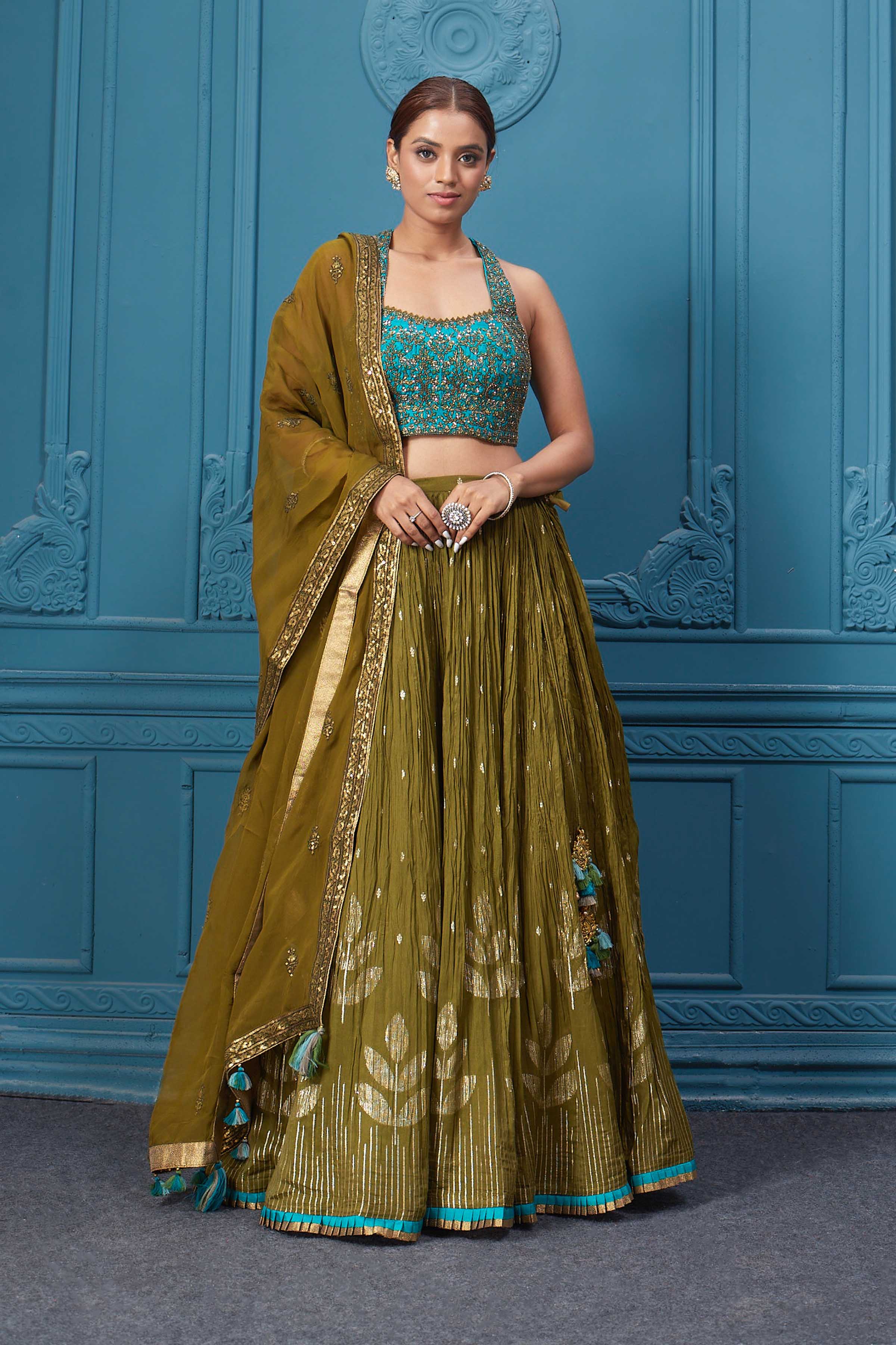 Mehendi Green Color Sangeet Wear Sequins Work Satin Fabric Lehenga
