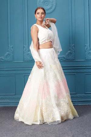 310045 Off White Floral Printed Lehenga With Sleeveless Blouse