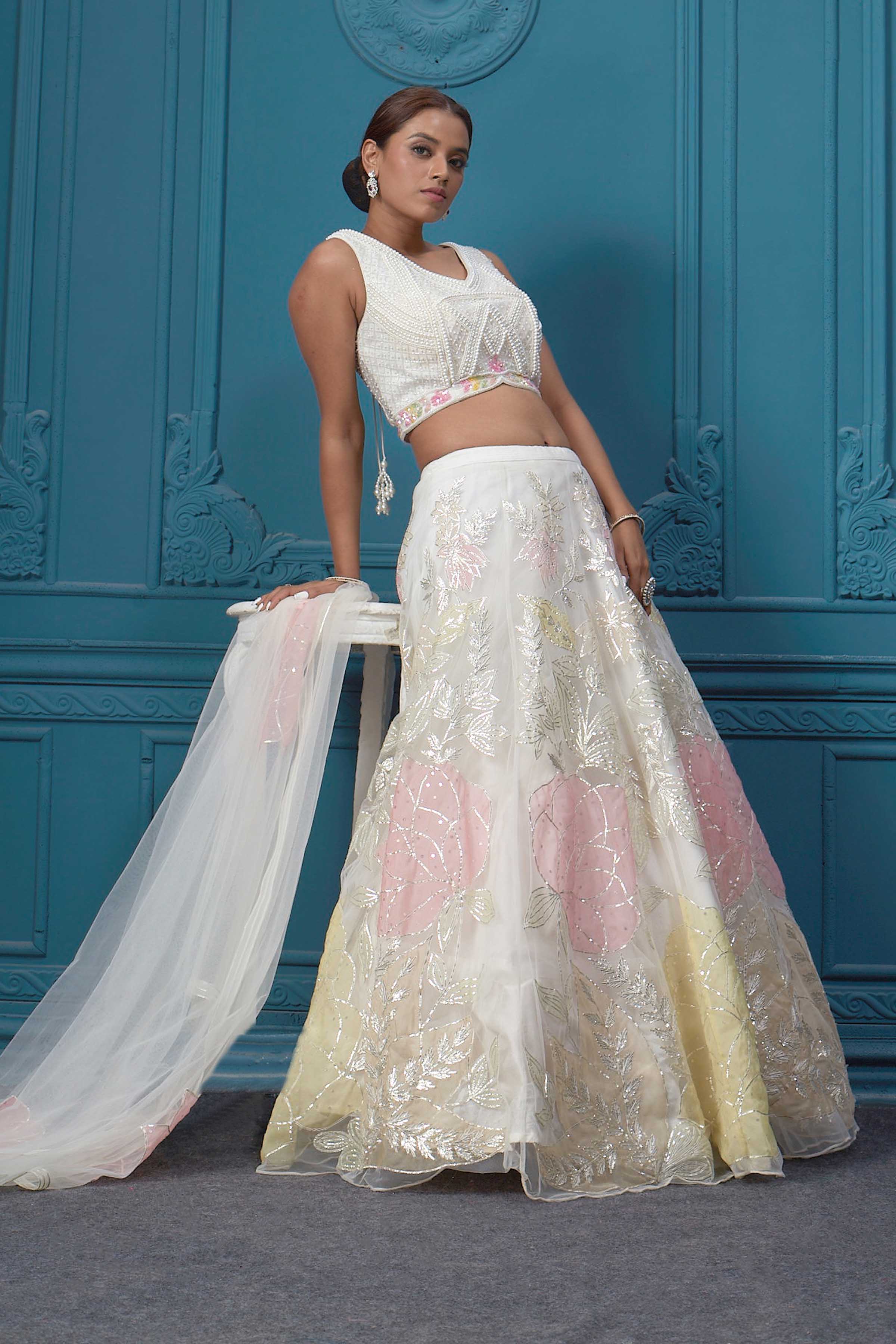 310045 Off White Floral Printed Lehenga With Sleeveless Blouse