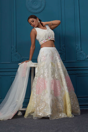 310045 Off White Floral Printed Lehenga With Sleeveless Blouse