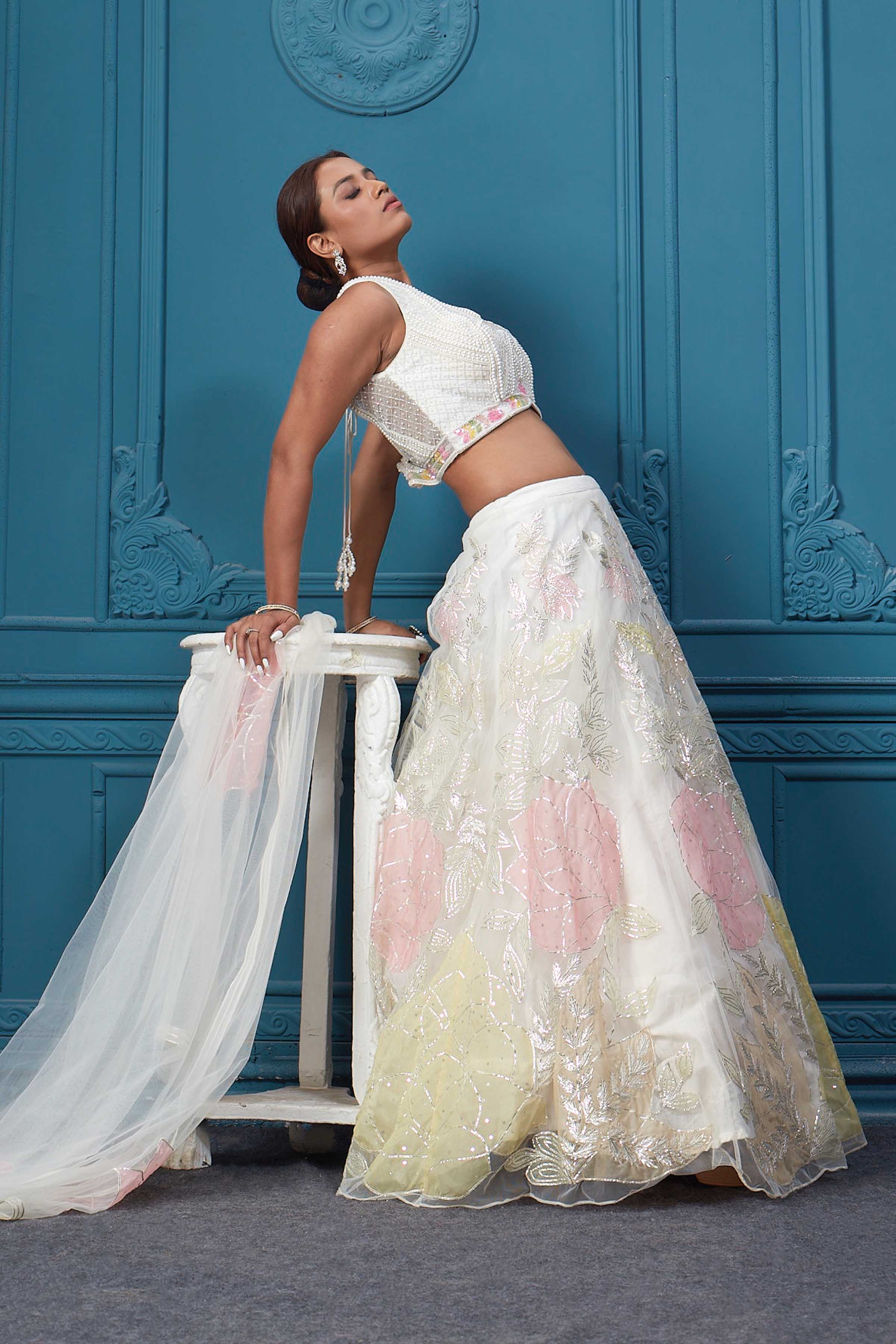 310045 Off White Floral Printed Lehenga With Sleeveless Blouse