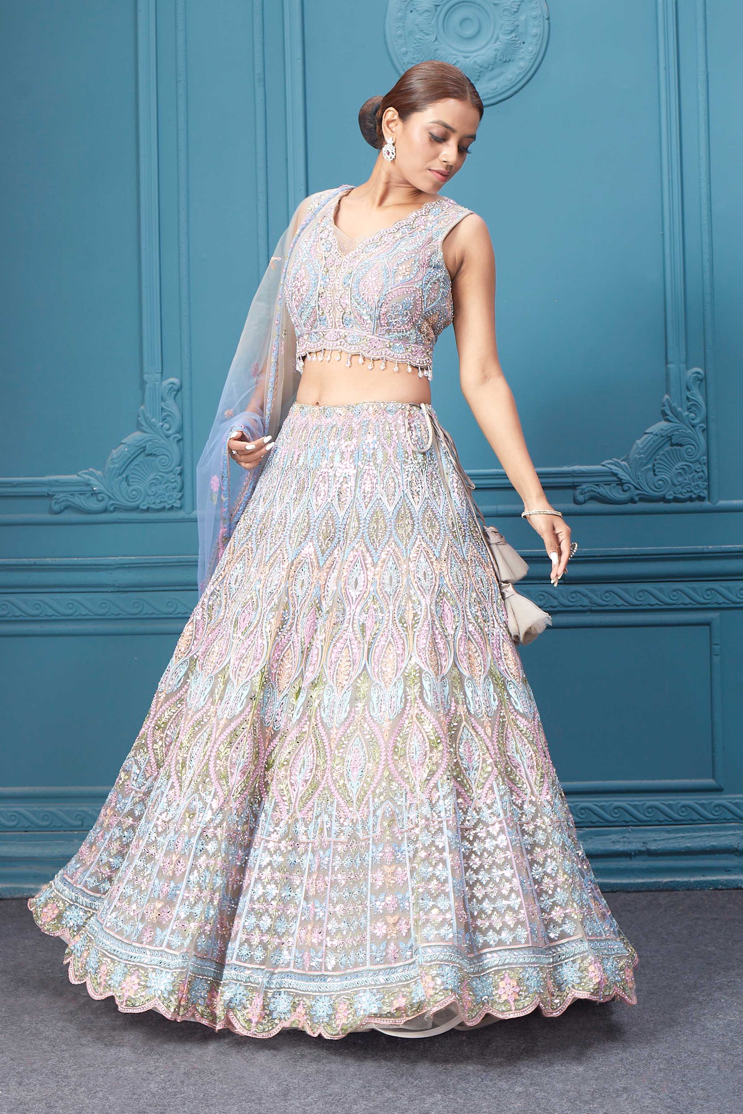 310049 Light Blue & Pink Heavy Embroidered Lehenga with Dupatta