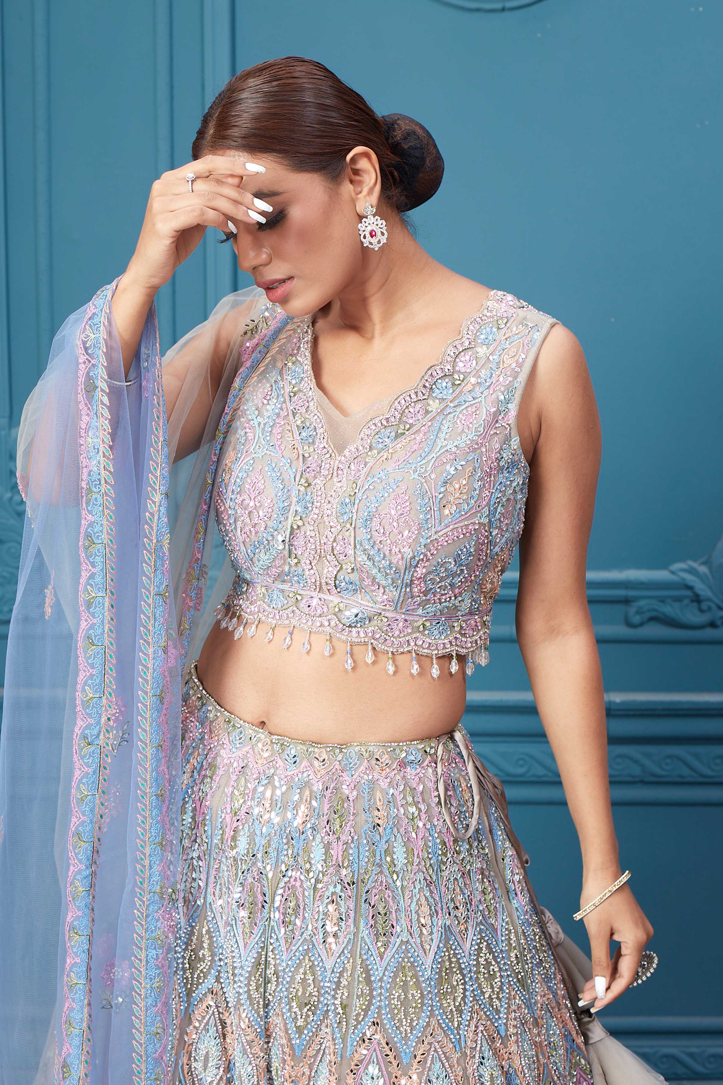 310049 Light Blue & Pink Heavy Embroidered Lehenga with Dupatta