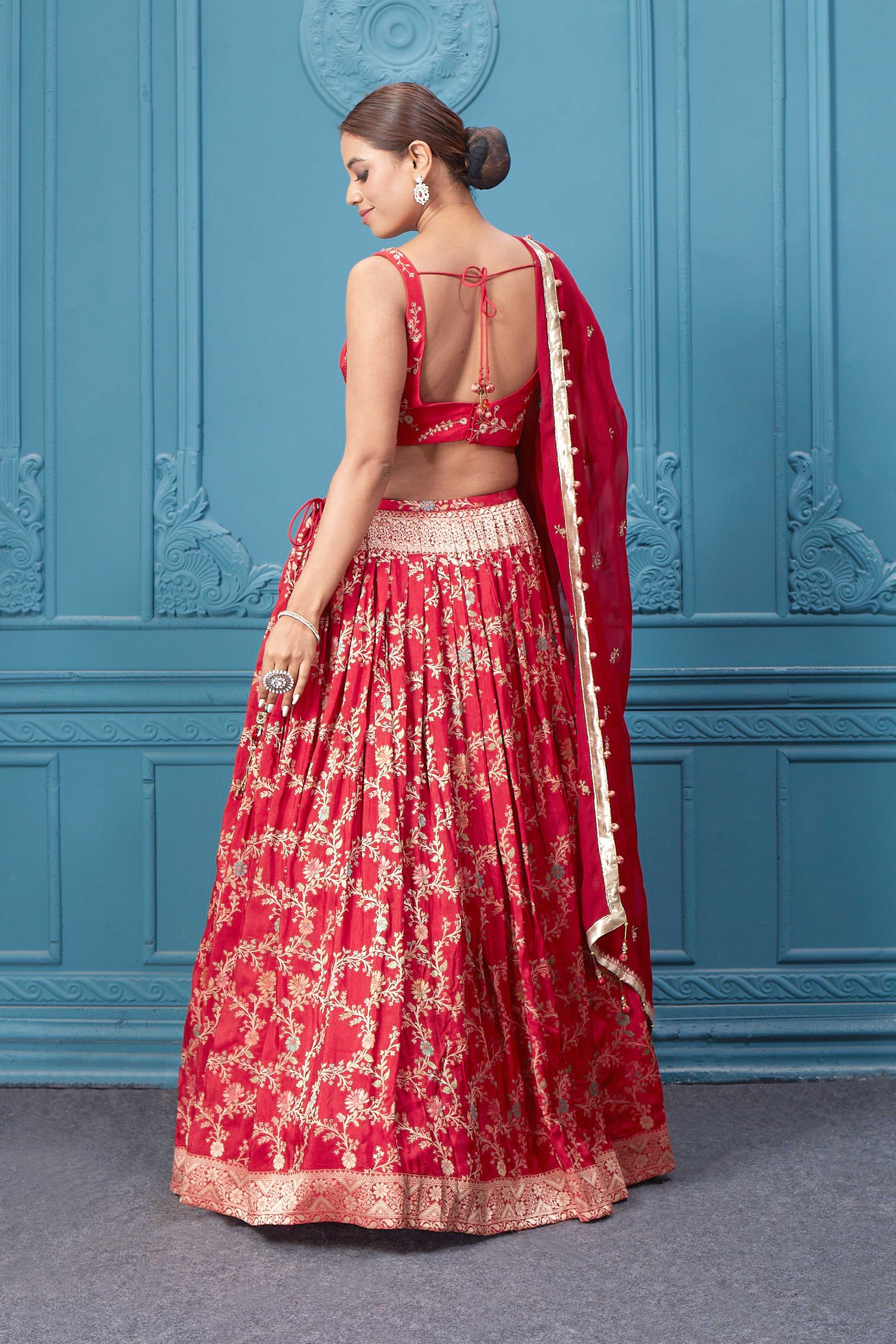 Buy Women Red Striped Brocade Lehenga Set With Floral Embroidered Blouse  And Dupatta - Ready To Wear Lehengas - Indya