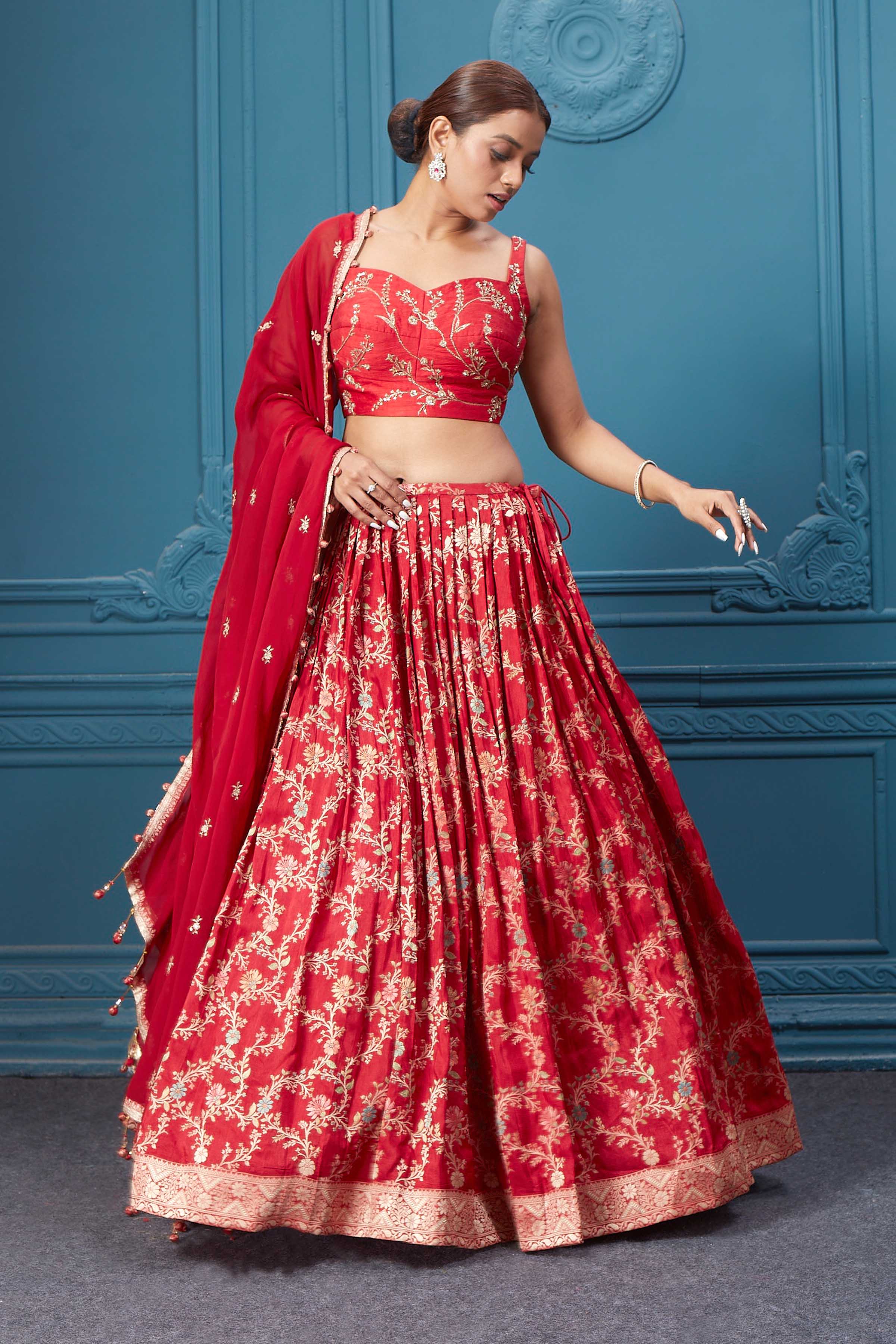 Shop Red Golden Embroidered Lehenga Set Online in USa – Pure Elegance