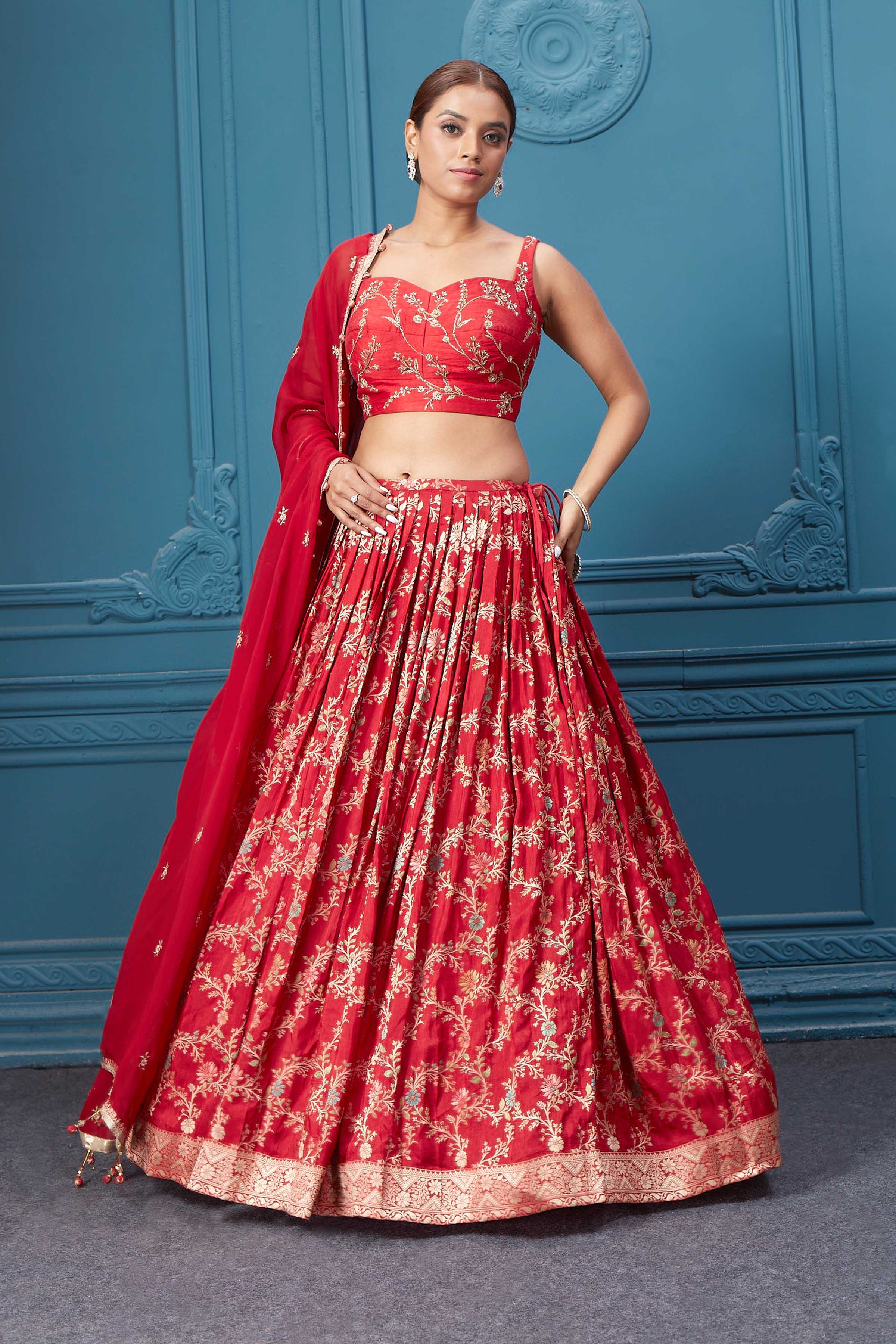 310051 Red Golden Embroidered Lehenga Set