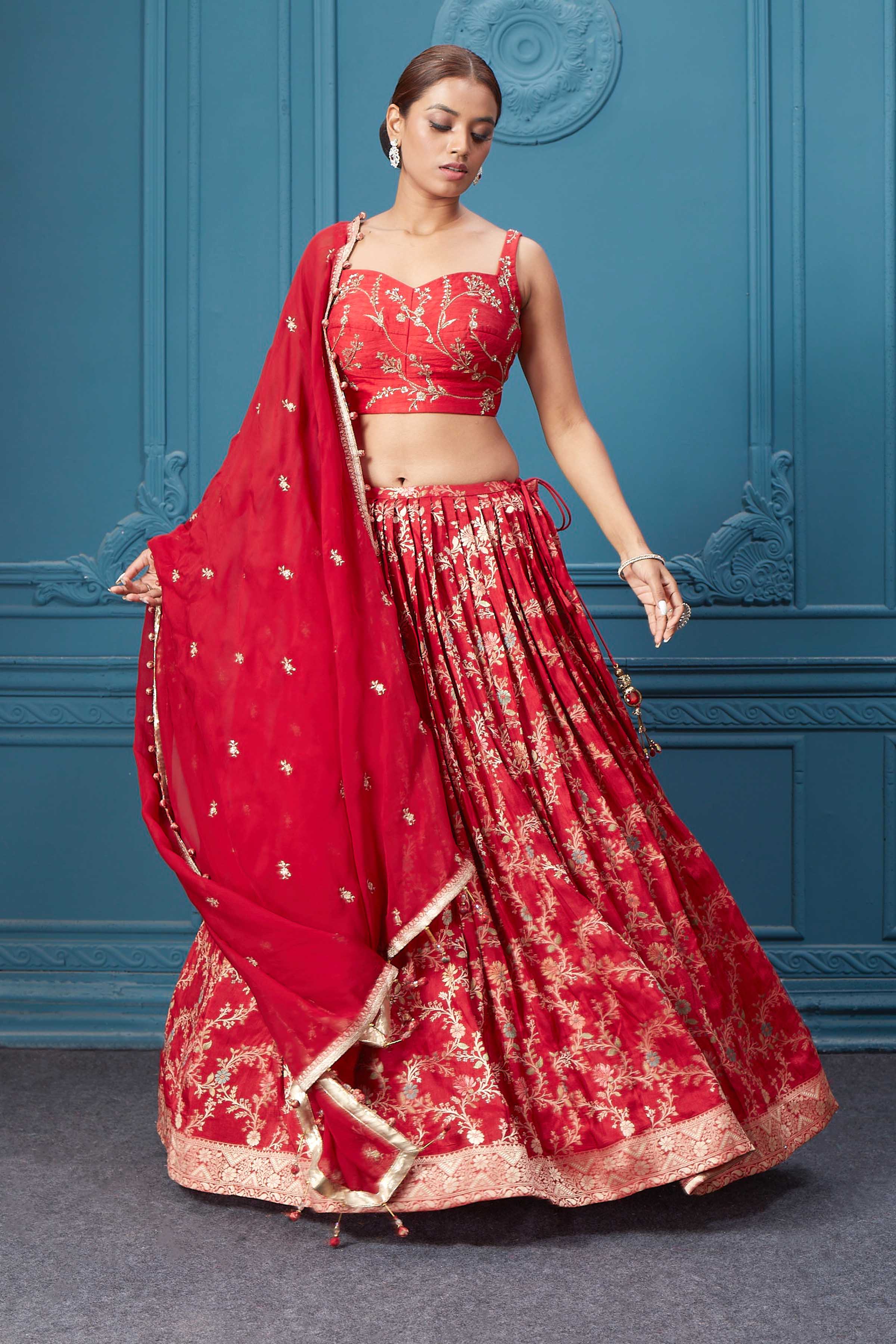 310051 Red Golden Embroidered Lehenga Set