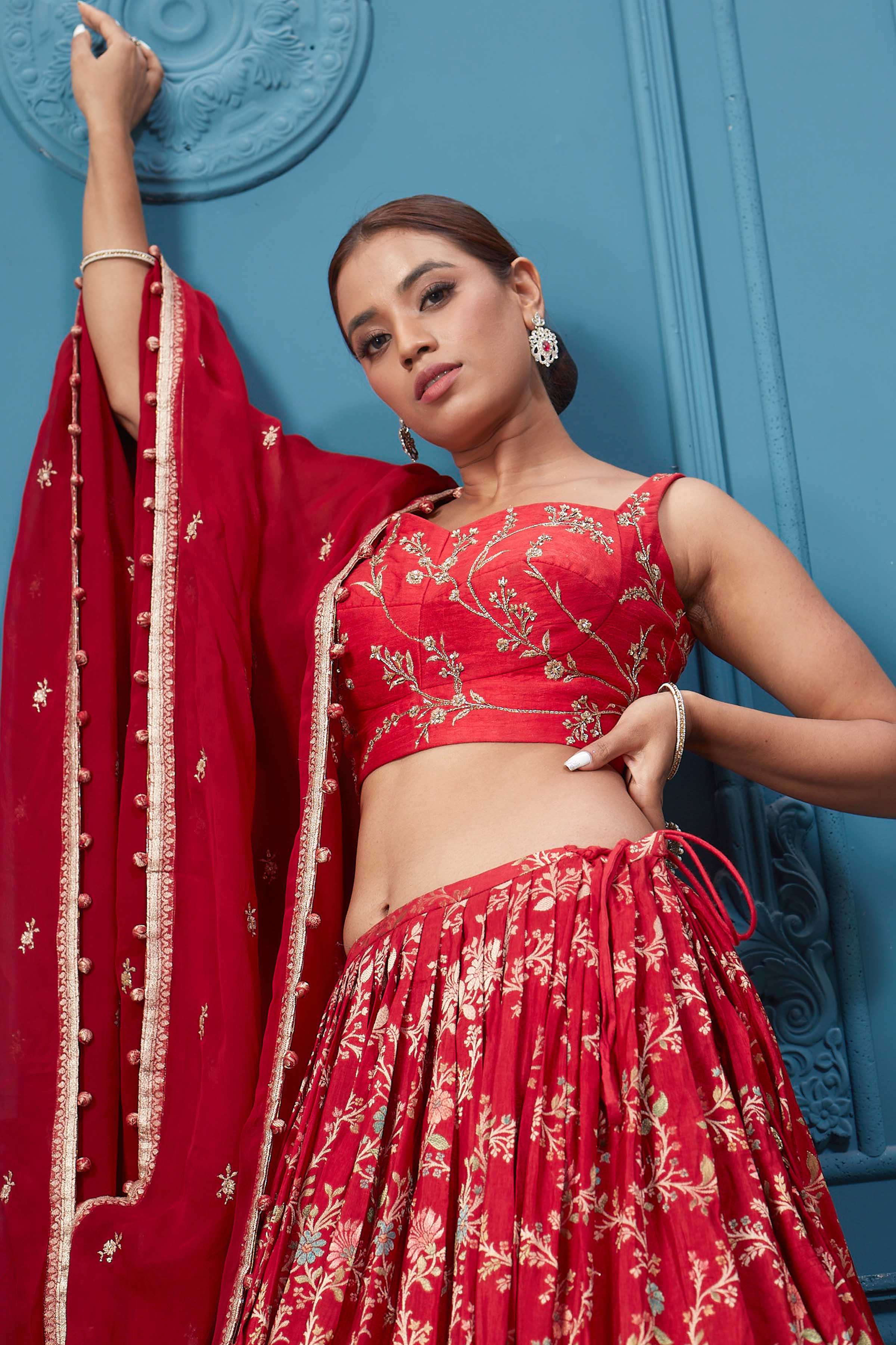 Deep Red Maxi – Back Train Lehenga Dupatta as Reception Wear