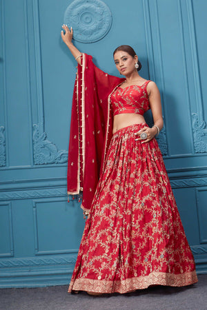 310051 Red Golden Embroidered Lehenga Set