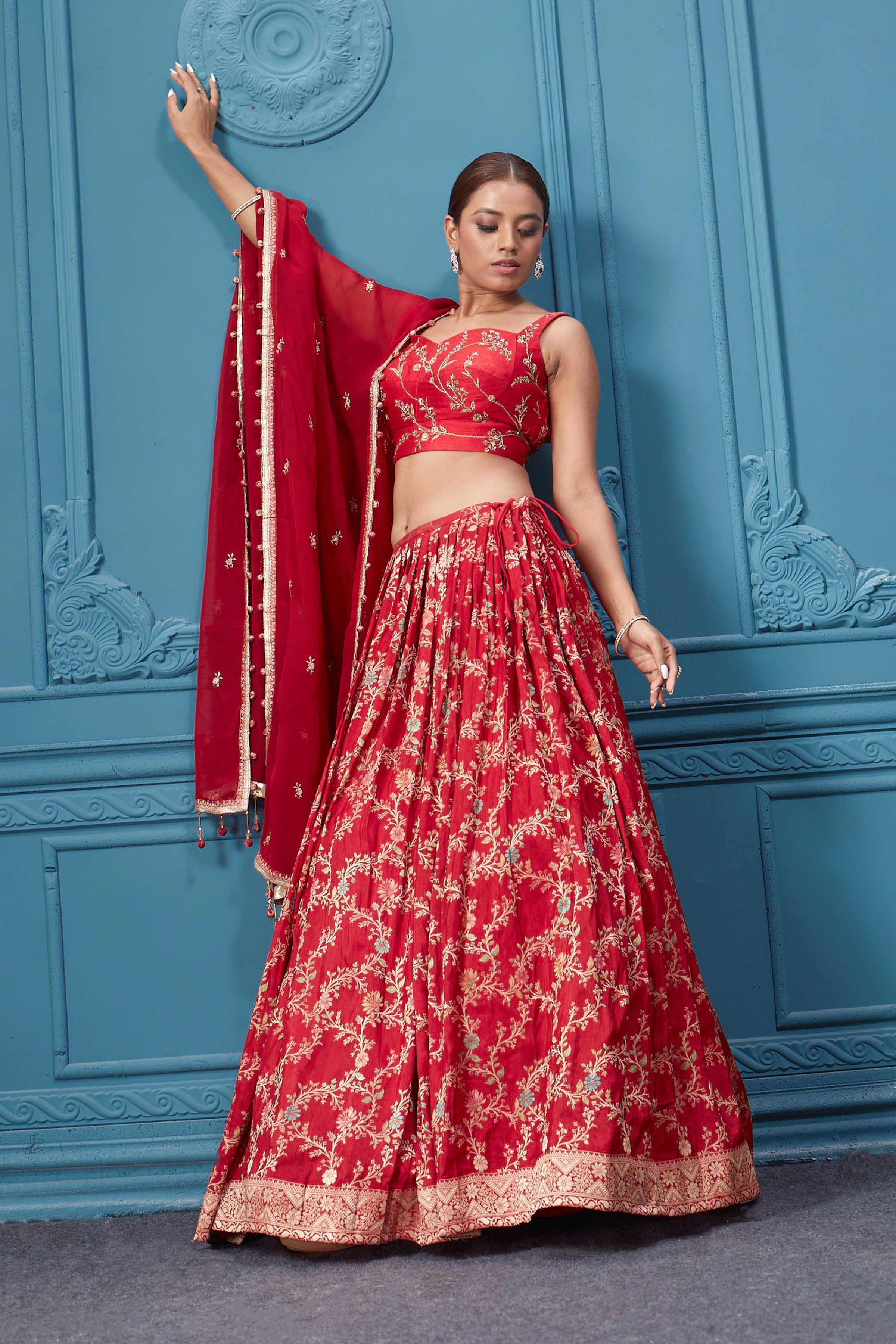 310051 Red Golden Embroidered Lehenga Set