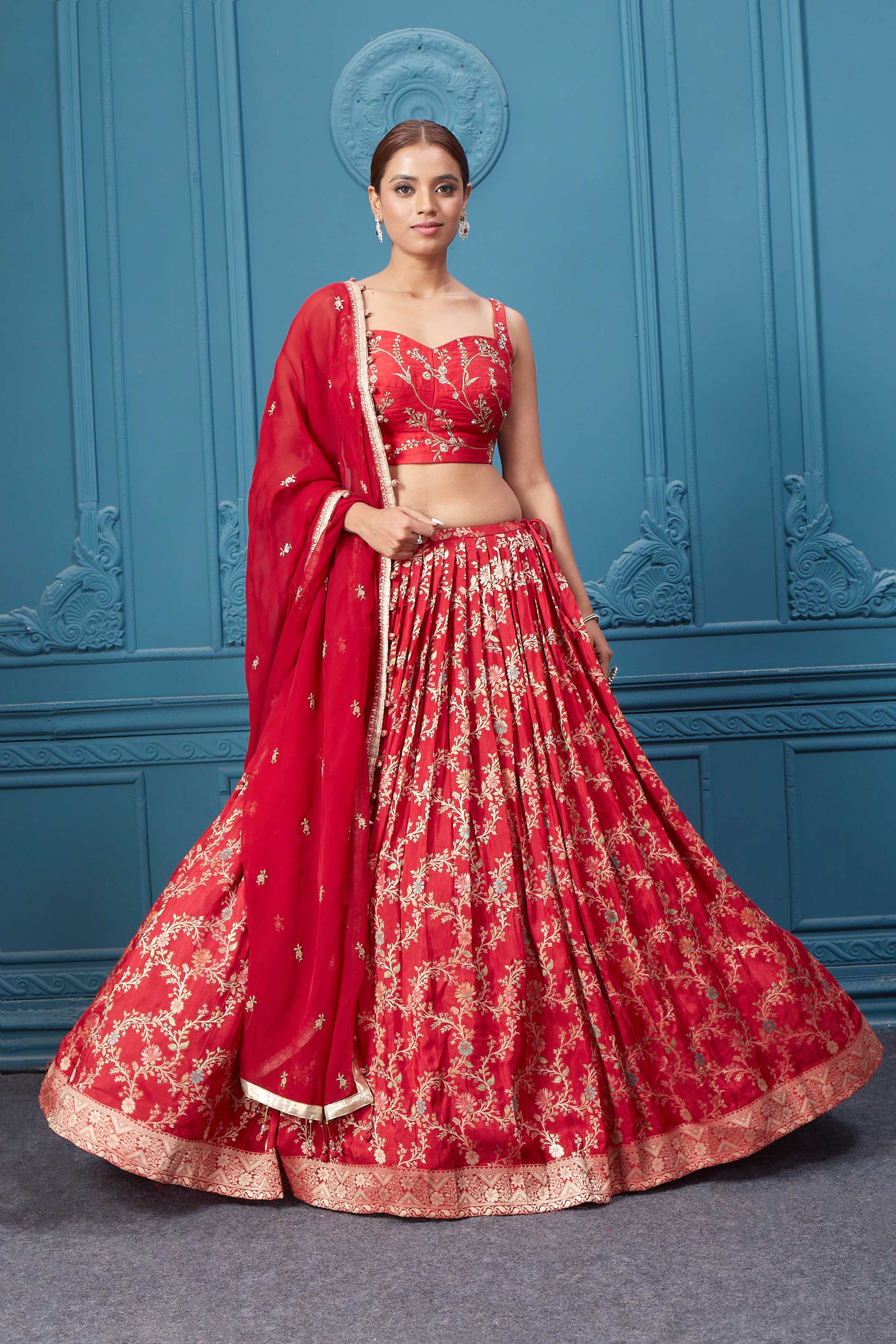 310051 Red Golden Embroidered Lehenga Set