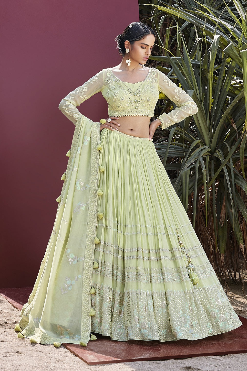 Lemon Yellow Party Wear Embroidered Netted Lehenga Choli