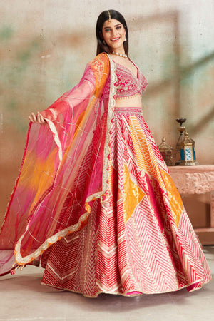 Buy orange and pink embroidered Banarasi silk lehenga online in USA with dupatta. Look your best on festive occasions in latest designer saris, pure silk sarees, Kanjivaram silk sarees, handwoven saris, tussar silk sarees, embroidered saris from Pure Elegance Indian clothing store in USA.-dupatta