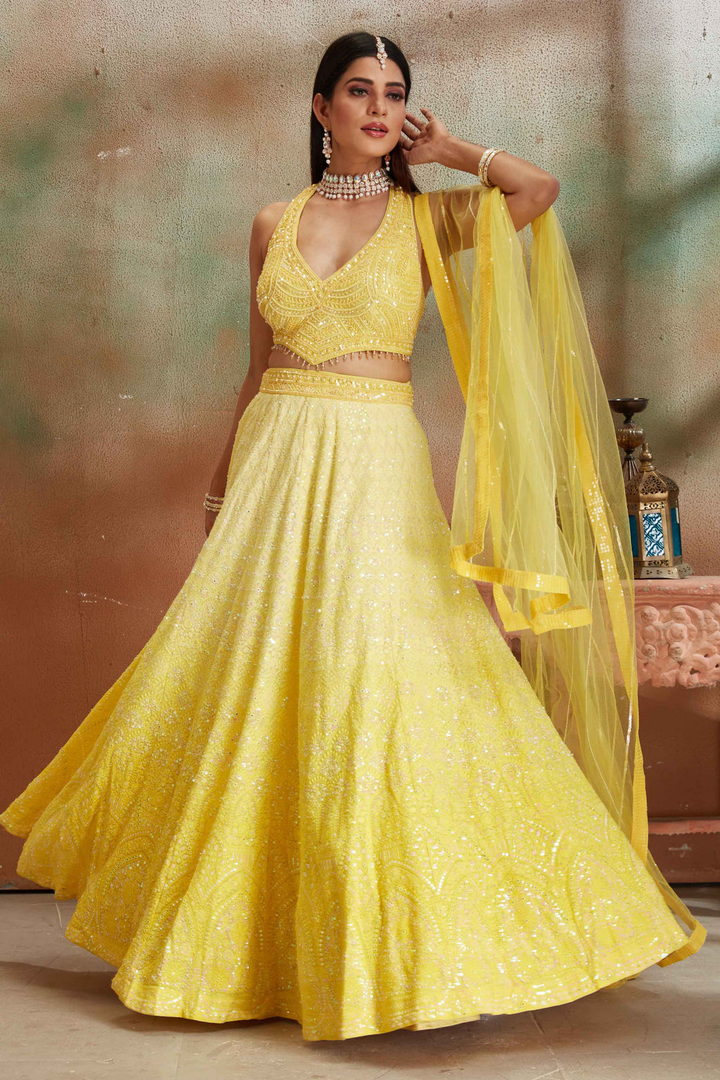 Shop ombre yellow Lucknowi georgette lehenga online in USA with dupatta. Look your best on festive occasions in latest designer saris, pure silk sarees, Kanjivaram silk sarees, handwoven saris, tussar silk sarees, embroidered saris from Pure Elegance Indian clothing store in USA.-full view