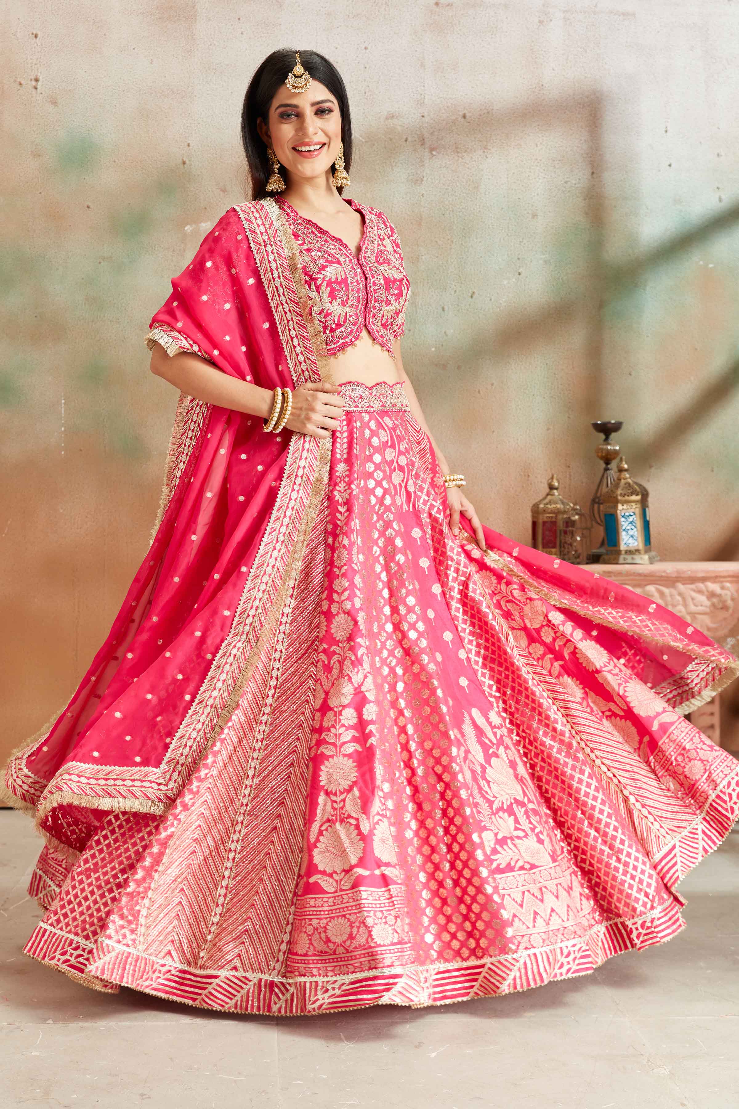 Buy fuschia pink embroidered Banarasi silk lehenga online in USA with dupatta. Look your best on festive occasions in latest designer saris, pure silk sarees, Kanjivaram silk sarees, handwoven saris, tussar silk sarees, embroidered saris from Pure Elegance Indian clothing store in USA.-lehenga