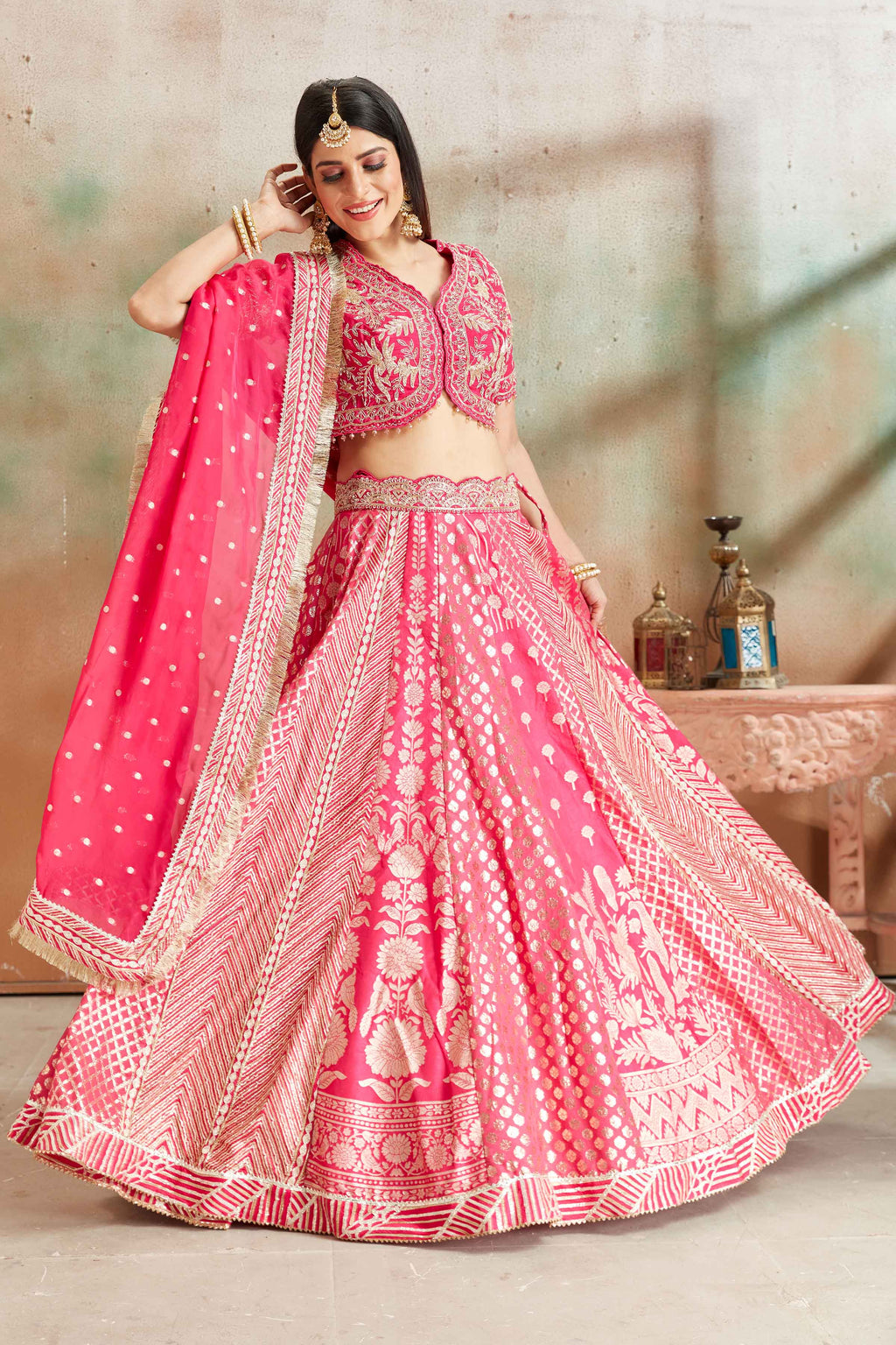 Buy fuschia pink embroidered Banarasi silk lehenga online in USA with dupatta. Look your best on festive occasions in latest designer saris, pure silk sarees, Kanjivaram silk sarees, handwoven saris, tussar silk sarees, embroidered saris from Pure Elegance Indian clothing store in USA.-full view