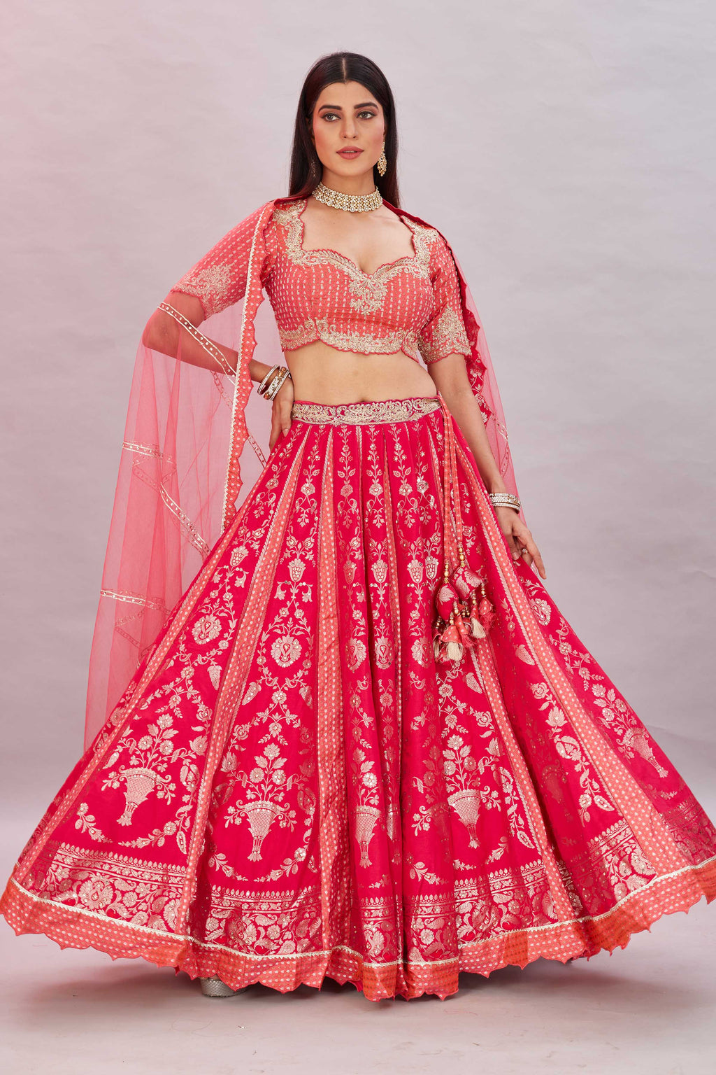 Shop pink embroidered silk lehenga sari online in USA with dupatta. Look your best on festive occasions in latest designer saris, pure silk sarees, Kanjivaram silk sarees, handwoven saris, tussar silk sarees, embroidered saris from Pure Elegance Indian clothing store in USA.-full view