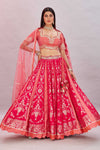 Shop pink embroidered silk lehenga sari online in USA with dupatta. Look your best on festive occasions in latest designer saris, pure silk sarees, Kanjivaram silk sarees, handwoven saris, tussar silk sarees, embroidered saris from Pure Elegance Indian clothing store in USA.-full view