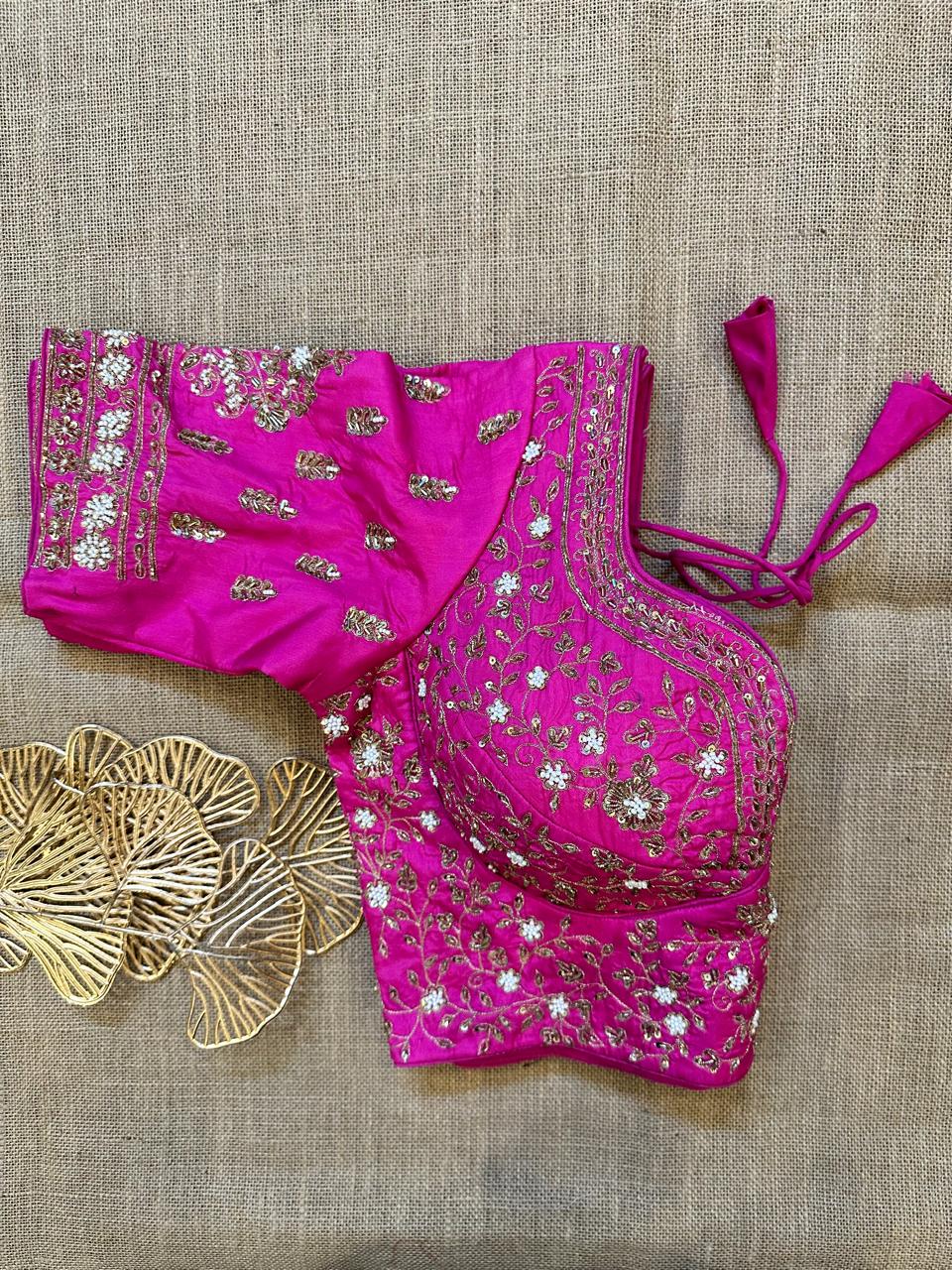 Buy pink heavy embroidery bridal saree blouse online in USA. Elevate your saree style with exquisite readymade saree blouses, embroidered saree blouses, Banarasi sari blouse, designer saree blouse, choli-cut blouses, corset blouses from Pure Elegance Indian fashion store in USA.-side