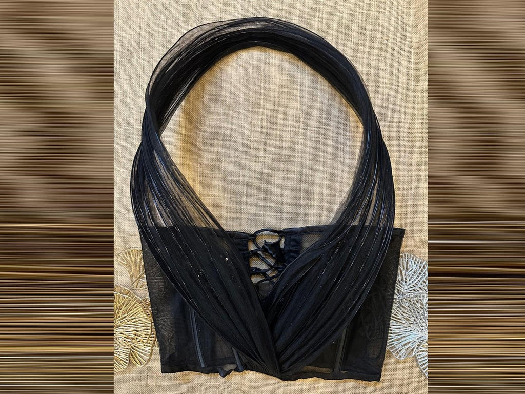 Buy stunning black net statement blouse online in USA. Elevate your saree style with exquisite readymade saree blouses, embroidered saree blouses, Banarasi saree blouse, designer sari blouse, choli-cut blouses, corset blouses from Pure Elegance Indian fashion store in USA.-full view