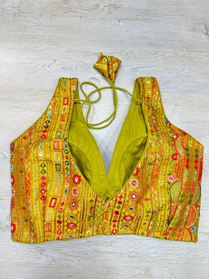 50W537-RO  Yellow Multicolor Embroidered Blouse With Mirror Work