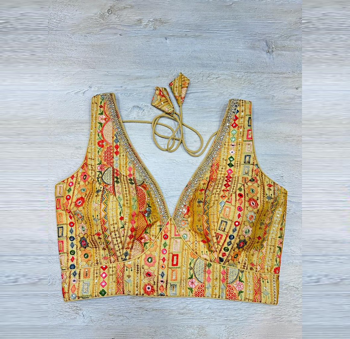 50W537-RO  Yellow Multicolor Embroidered Blouse With Mirror Work