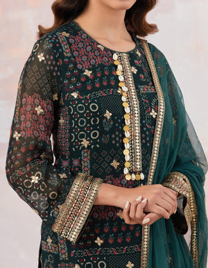 Buy Bottle green sharara set featuring Kurta with foil work, shells, and coin detailing, also plain sharara  It is best for occasions & parties. Dazzle on weddings and special occasions with exquisite Indian designer dresses, sharara suits, Anarkali suits, and wedding lehengas from Pure Elegance Indian fashion store in the USA.