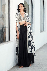 Buy Stylish Black & White Sharara Set With Floral Cape Online in