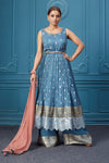 Buy a blue embroidered sleeveless Anarkali kurta with an embroidered belt. Dazzle on special occasions with exquisite Indian designer dresses, sharara suits, Anarkali suits, bridal lehengas, and sharara suits from Pure Elegance Indian clothing store in the USA. Shop online from Pure Elegance.