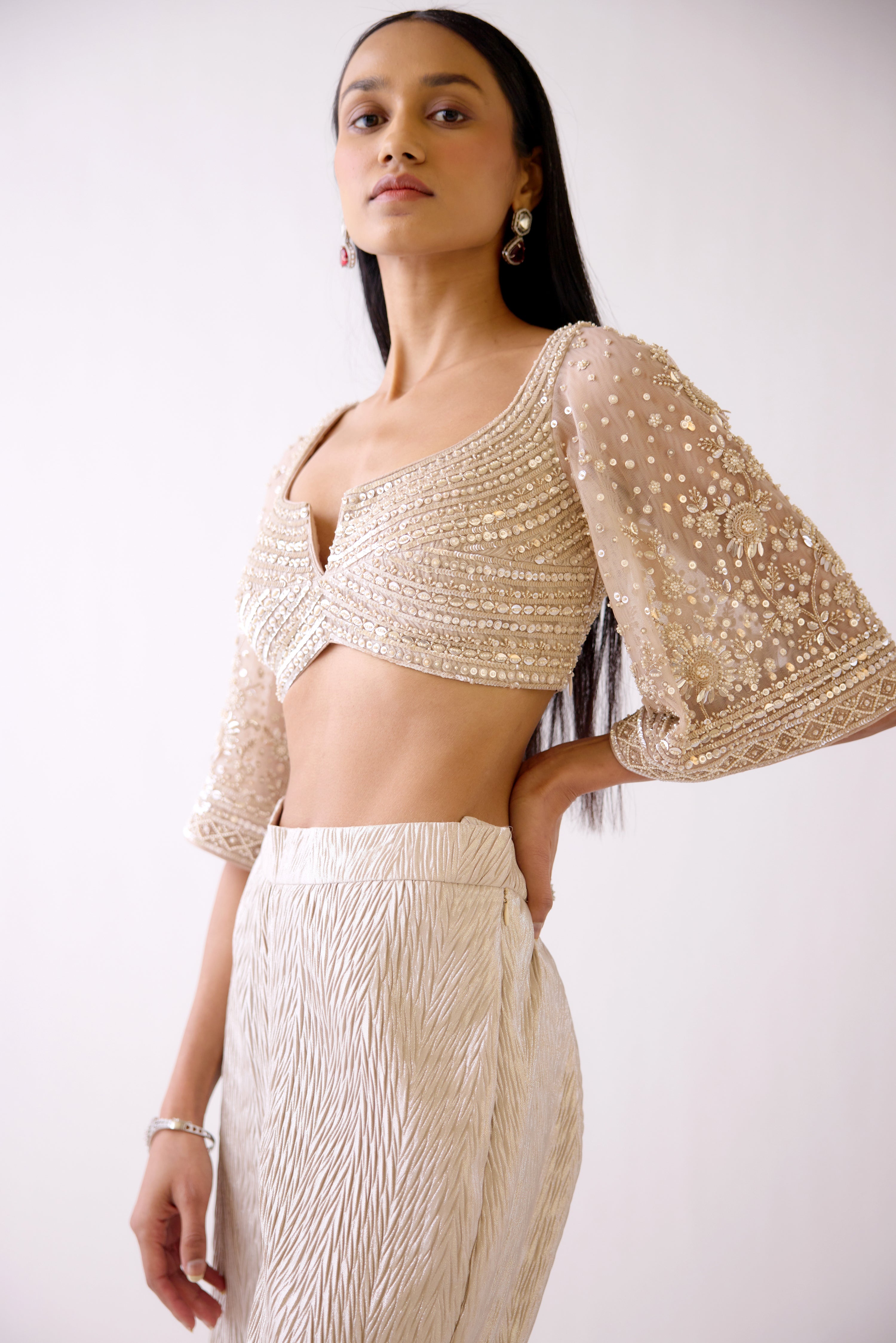 51Z056 RO Beige Shimmer Embellished Sharara with Crop Top