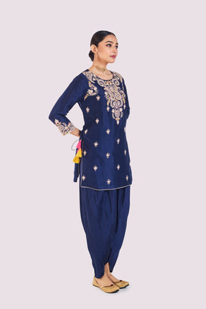 Shop stunning navy blue resham work silk kurta set online in USA. Shop the best and latest designs in embroidered sarees, designer sarees, Anarkali suit, lehengas, sharara suits for weddings and special occasions from Pure Elegance Indian fashion store in USA.-side