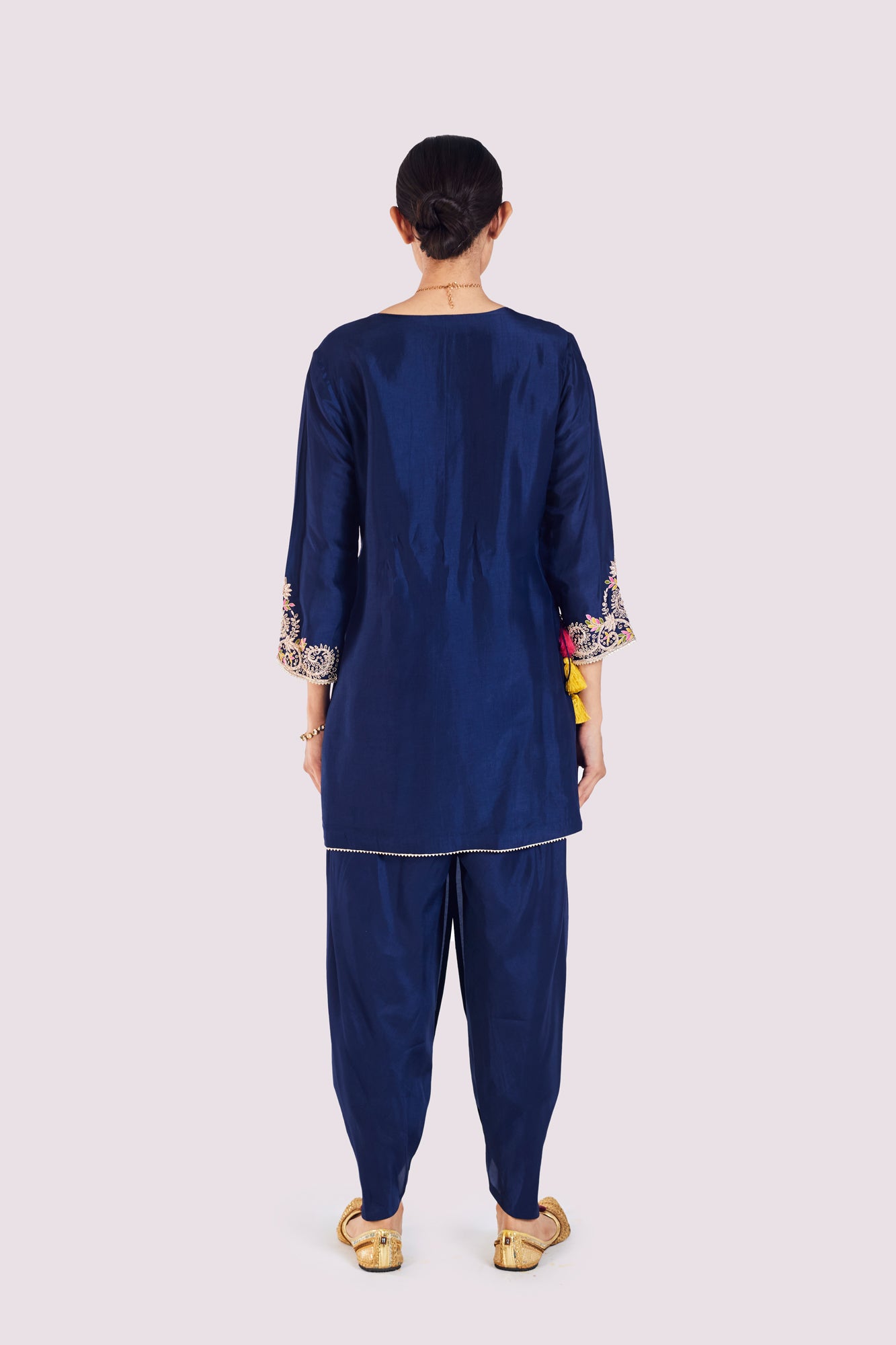 Shop stunning navy blue resham work silk kurta set online in USA. Shop the best and latest designs in embroidered sarees, designer sarees, Anarkali suit, lehengas, sharara suits for weddings and special occasions from Pure Elegance Indian fashion store in USA.-back