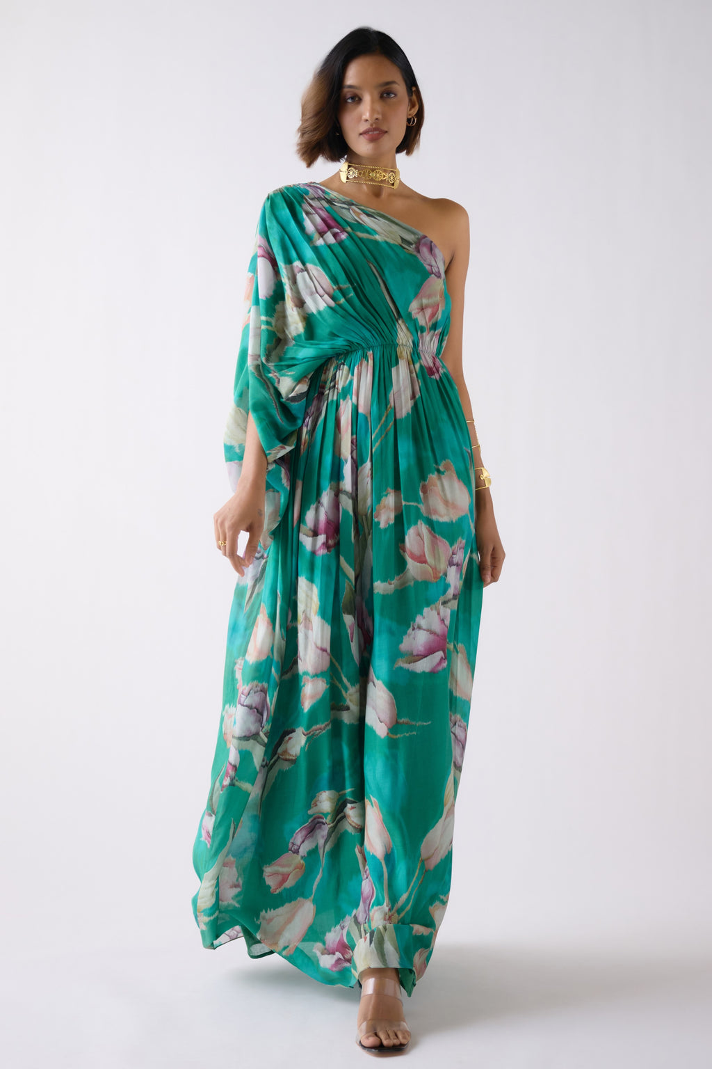 Buy green floral muslin strapless maxi dress online in USA. Shop the best and latest designs in embroidered sarees, designer sarees, Anarkali suit, lehengas, sharara suits for weddings and special occasions from Pure Elegance Indian fashion store in USA.-full view