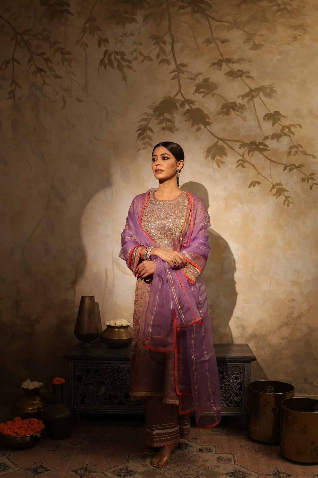 Buy lavender embroidered tissue suit online in USA with dupatta. Shop the best and latest designs in embroidered sarees, designer sarees, Anarkali suit, lehengas, sharara suits for weddings and special occasions from Pure Elegance Indian fashion store in USA.-full view